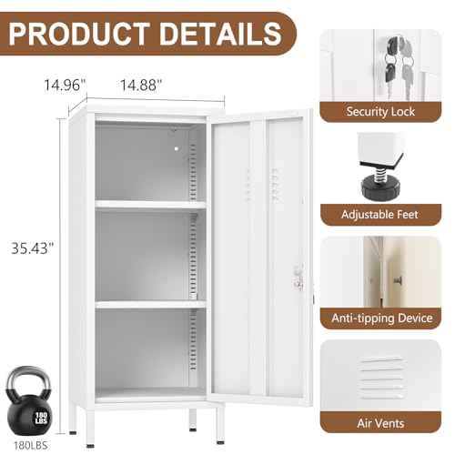 Image of pozdeg 35.43 inch White Lockable Small Metal Storage Locker | Employees Locker with 1 Door & 2 Adjustable Shelves, Steel Cabinet for Employees, Home, School, Office & Gym