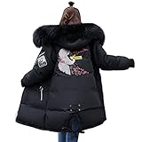 doudoune avec motif  ORANDESIGNE Doudoune Femme Pardessus Long Manteau Motif de Broderie Garder au Chaud avec Capuche en Fourrure Amovible Vestes Hiver A Noir XL