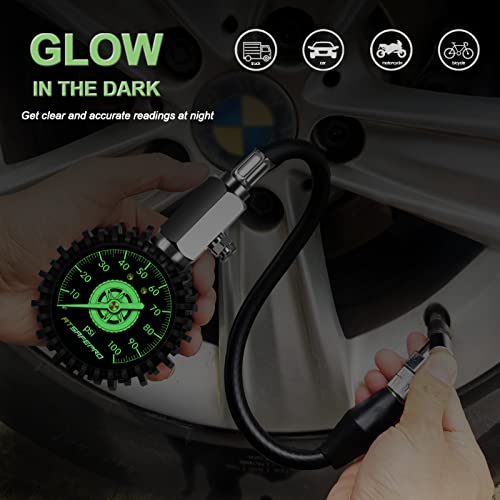 Tire Pressure Gauge 100psi Glow in The Dark, ATsafepro 2.5” Dial Mechanical Tire Gauges for Tire Pressure, Certificated Accuracy Analog Air Pressure Gauge for Cars, Trucks, Bicycles. - Thumbnail 5