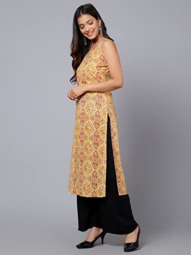 Image of Bani Women Straight Sleeveless Cotton Kurta for Women, Stylish V Neck Floral Printed Long Kurti, Regular Casual Wear for Womens | Cotton Kurti for Women /Party /College