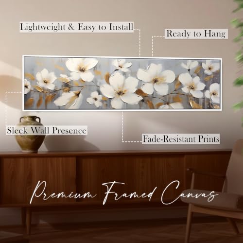 Image of PAINTINGMANTRA White Flowers Wall Art Painting, White Cherry Blossom Flowers for Living Room, Home and Office Wall Decoration (13x47 Inch)