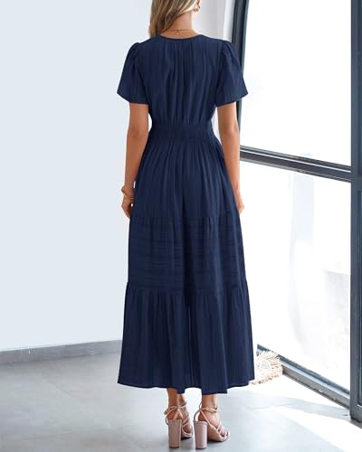 BTFBM Womens Summer 2025 Casual Midi Maxi Dresses Lightweight Short Sleeve V Neck Elastic Waist Boho Beach Dress Pockets3