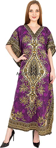 Art Of Creation Women Kaftan Dress Maxi Night Gown Printed Casual Cfatan Dresses V-Neck Top Long Beach Cover Up Ladies Tunic Nightdress (Purple)