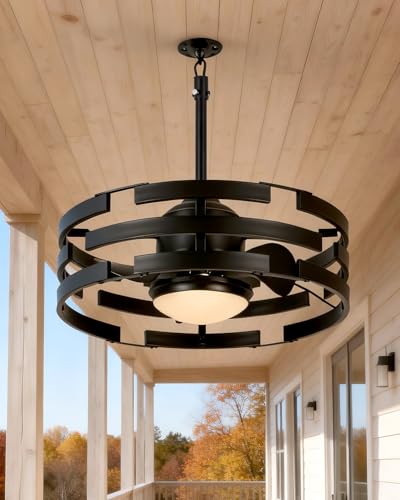 Image of Roomratv 20 inch Outdoor Ceiling Fan with Light, Black Caged Ceiling Fan with Remote,Modern Enclosed Hanging Fan,IP65 Waterproof Plug in Fan for Gazebos, Patios and Porches