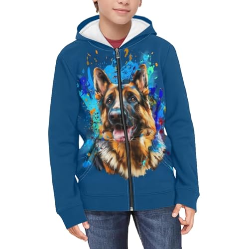 DISNIMO Kapuzen-Sweatshirt-Jacke für Kinder, Mädchen, mit durchgehendem Reißverschluss, langärmelig, lässiger Mantel, Oberteil, 6–16 Jahre, Deutscher Schäferhund, 8-10 Jahre