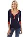 PattyBoutik Women Notch Neck Trim Long Sleeve Sweater (Dark Blue and Tangelo Medium)