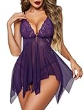 Avidlove Front Closure Lingerie for Women Lace Babydoll Strap Chemise Nightgown Mesh Sleepwear Boudior Nighty Deep Purple