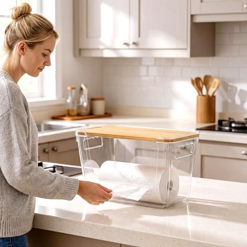 Trash Bag Dispenser ,Extra Large Trash Bag Holder Dispensers With Bamboo Lid,Multi-functional Pantry Organizers and Storage For Kitchen, Cabinet, Laundry Room, Pantry (Clear, XL-2PACK) - Image 5