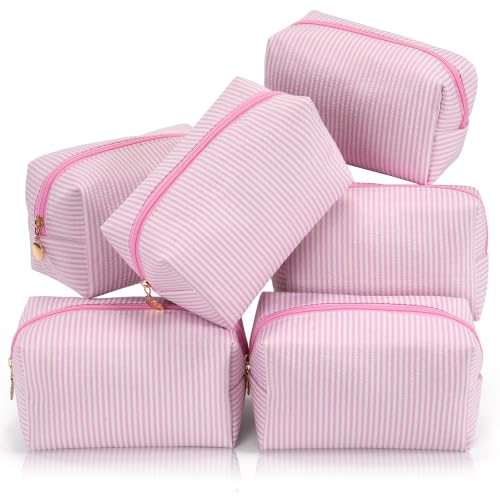 UUYUUY Makeup Bag Set for Women, 6PCS Travel Cosmetic Bags, Striped Seersucker Toiletry Organizer Pouches, Cute Makeup Pouch for Purse, Accessories and Gifts, Pink