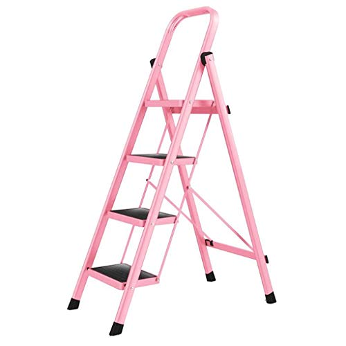 QFF Folding Stahl Leiter, Anti-Rutsch-Dreistufig/Vierstufiger Schlafzimmer Metall Stehleitern/Farben: Rosa, Rot, Weiß falten (Color : Pink, Size : 41