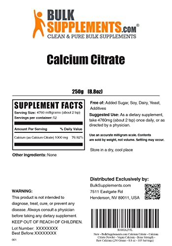 Bulksupplements.com Calcium Citrate Powder - Calcium Supplements For Bone Health - Unflavored - 4760Mg (1000Mg Of Calcium) Per Serving, 52 Servings (250 Grams - 8.8 Oz) #TOP1