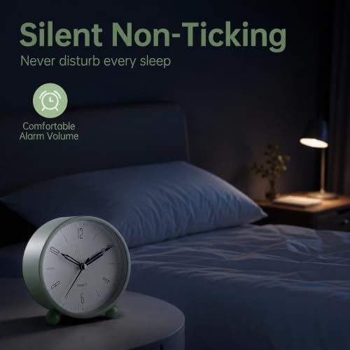 JALL Analog Alarm Clock, 4 inch Super Silent Non Ticking Small Clock with Night Light, Battery Operated, Simple Design, Old Fashioned Style Ideal Decor, for Bedroom, Bedside, Desk, Adult, Gift, Green - Image 2