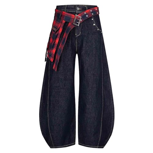 Women's Embroidered high Street Fart Curtain Plaid Jeans Wide Leg Curved Knife Casual Pants