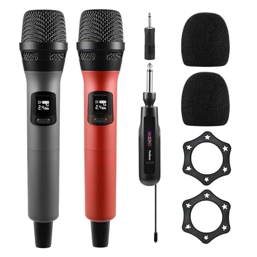 FerBuee Micrófono Inalámbrico Dual Profesional Sistema de Micrófono con Receptor Recargable, para Amplificador, Sistema PA, Karaoke, Reunión, Parte, Boda (Gris & Rojo)