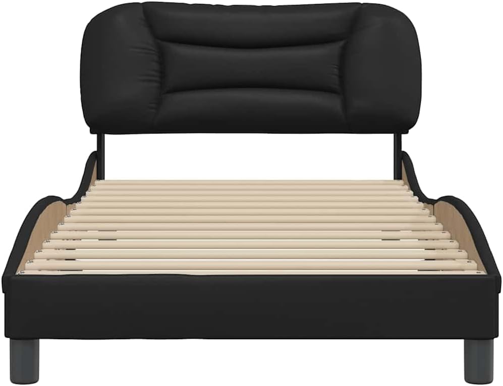 Twin Bed Frame Black Faux Leather with Padded Headboard and Storage, Sturdy Platform Foundation, Modern Minimalist Bedroom Furniture, Durable Slatted Frame for Mattress Support