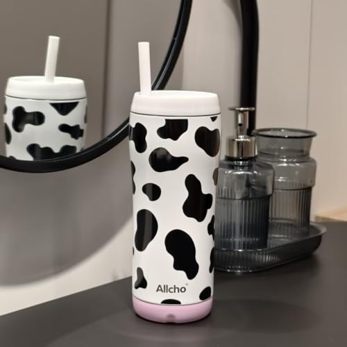 Image of Cow Insulated Water Bottle for Women, 18 oz Stainless Steel Water Bottles, Double Walled, 2 Lids (Chug & Tumbler) - Hydrate & Caffeinate, Available Gift Wrapping