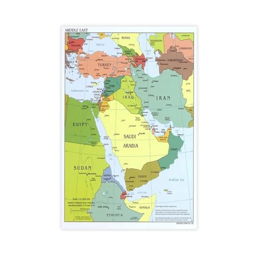 GIEIG Stampa artistica su tela con mappa della CIA del Medio Oriente, Iraq, Iran, Israele, 2010, decorazione moderna per camera da letto, per camera da letto, senza cornice, 50 x 75 cm