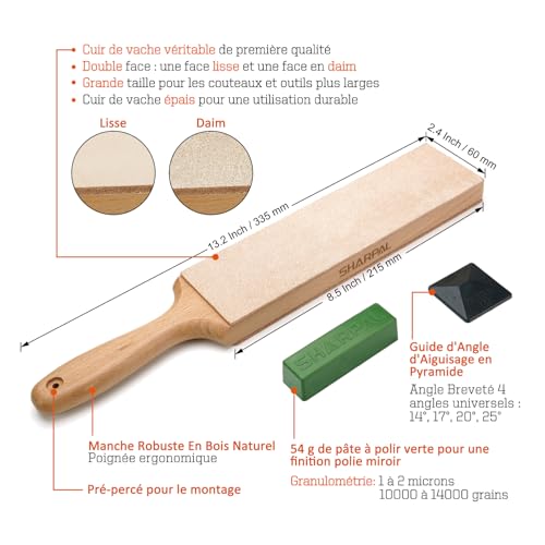 Strop d'affûtage en cuir double face SHARPAL avec guide d'angle