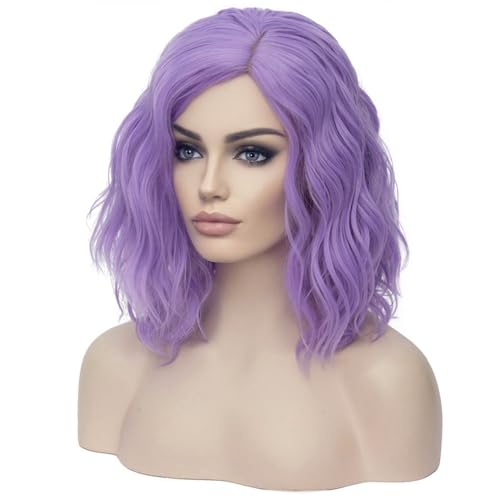 Image of BERON Purple Short Wig for Women Girls Curly Bob Wavy Hair Wig Colored Body Heat Resistant Synthetic Cosplay Party Daily Wigs