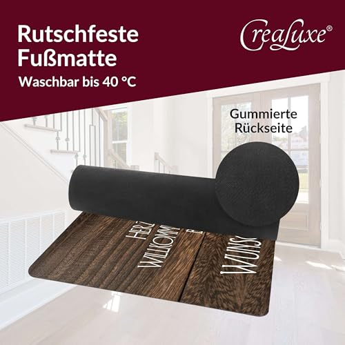 Crealuxe Fußmatte personalisiert - robuste, rutschfeste Fussmatte für Außen & Innen - waschbar - Fußabtreter Türmatte für aussen & an der Haustür - 60x40cm - Hund/Katze mit Foto und Namen (Holzoptik)