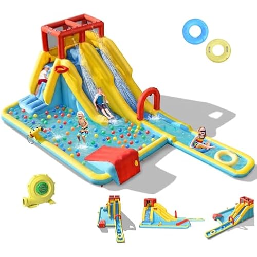 BOUNTECH Inflatable Water Slide, Dual Slides Kids Water Slide Park Jump Bouncy Castle w/2 Swimming Rings, Blower, Large Splash Pool, Backyard Blow up Water Slides Inflatables for Big Kids 3-12 Outdoor