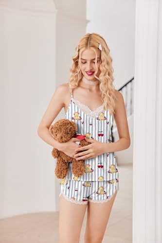 Image of Ekouaer Womens Pajama Sets Soft Lingerie Sleepwear 2 Piece Cami Shorts Set V Neck Pj Lace Nightwear