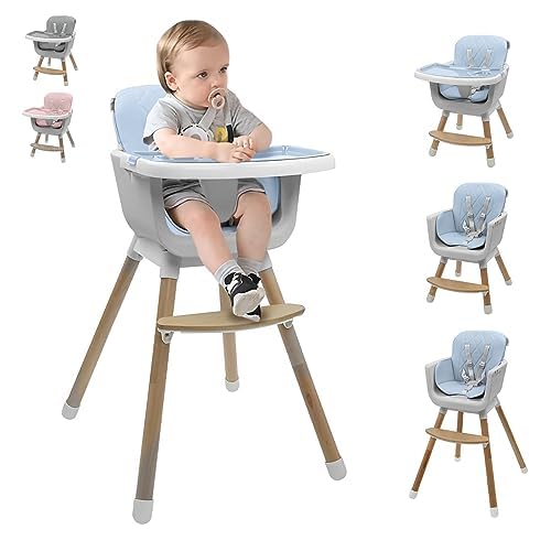 Silla Alta para Bebés, Periquera de Altura Ajustable para Alimentar, Silla de Doble Posicion, Charola Desmontable, Cuero Sintetico Facil de Limpiar (Azul)