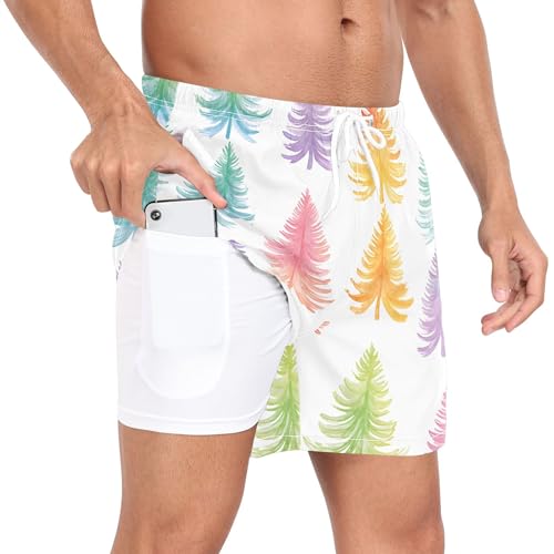xigua Watercolor Pine Tree Mens Swim Trunks with Liner, 5 inch Quick Dry Mens Boardshorts for Beach2