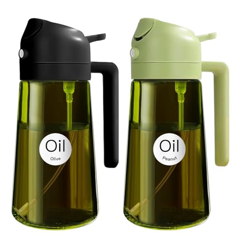 YARRAMATE 16oz/470ml 2PCS Light Blockage Dark Oil Sprayer for Cooking, 2 in 1 Olive Oil Dispenser Bottle for Kitchen, Green Glass Oil Bottle, Food-Grade Oil Mister for Air Fryer, BBQ (Black & Green)