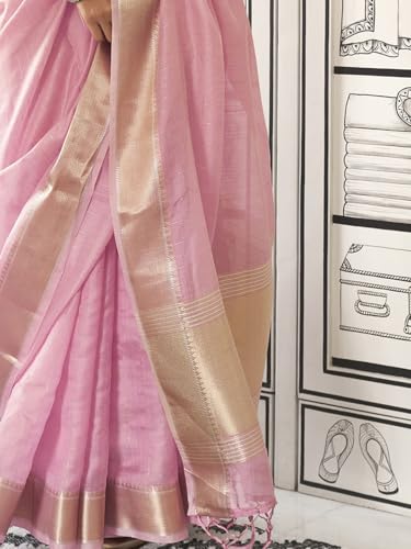 Image of MADHUHANSH Women's Cotton Linen Saree with Unstitched Blouse Piece and Solid Pattern | Mithila Painting Saree | Saree for Haldi Ceremony