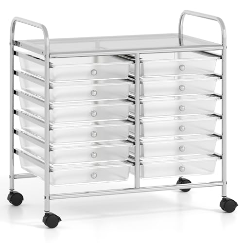 COSTWAY Chariot de Rangement à roulettes 12 Tiroirs en PP, Tour de Rangement avec Tablette, Roues Universelles, Cadre en Métal, Desserte Meuble Tiroir pour...