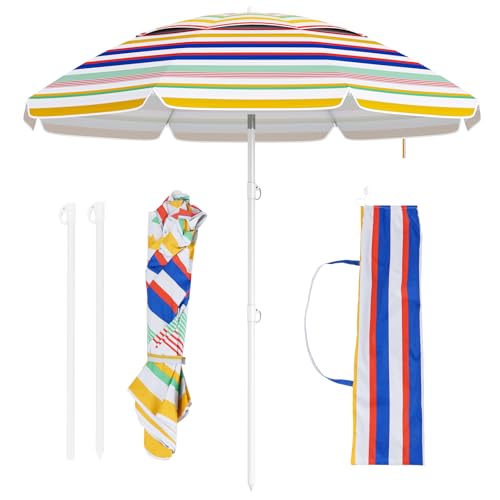 RELAX4LIFE Ombrellone da Spiaggia 179 cm, Ombrellone da Esterno Portatile e Antivento, Inclinazione Regolabile, Protezione Solare, Base a Trivella, Borsa di Trasporto, Multicolore