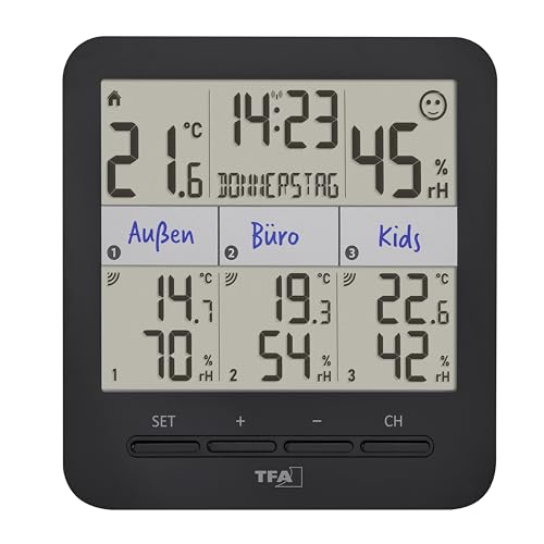 TFA Dostmann Termohigrometr z 3 nadajnikami Klima@Home2, 30.3075.01, temperatura/wilgotność powietrza w pomieszczeniach mieszkalnych i roboczych, wraz z podaniem punktu rosy w celu uniknięcia