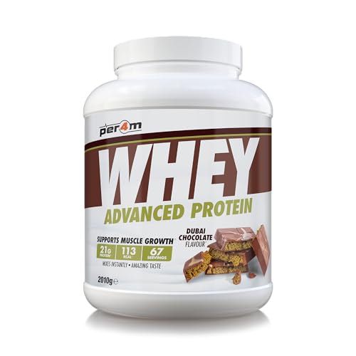 Per4m Whey Protein Powder | High Protein Shake for Muscle Growth & Recovery | Low Sugar Gym Supplement | Sports Nutrition Drink + Amino Acids (2010g, Dubai Chocolate)