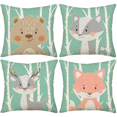 Asminifor Throw Pillow Covers Cute Animal Cartoon Fox Rabbit Bear Decorative Pillow Case Set of 4 Cotton Linen Cushion Cover for Home Car Decor 18 x 18 inches (Cartoon Animal) Cover