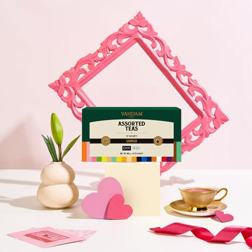 VAHDAM, Assorted Tea Sampler (20 Delicious Variety, 40 Individually Wrapped Pyramid Tea Bags) Long Leaf Premium Teas I Tea Gift Set I Valentines Day Gifts Ideas for Tea Lovers