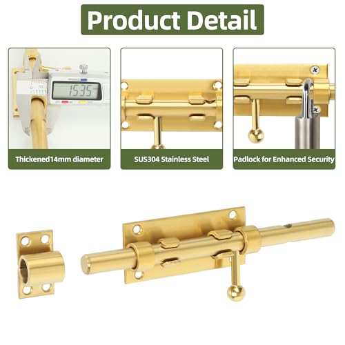 Image of Alise Slide Lock SUS304 Stainless Steel Gate Latch, Slide Bolt Latch,Thickened Heavy Door Latch Lock,8 Inch Black Barrel Bolt Latch, Security Slide Latch Lock Gold