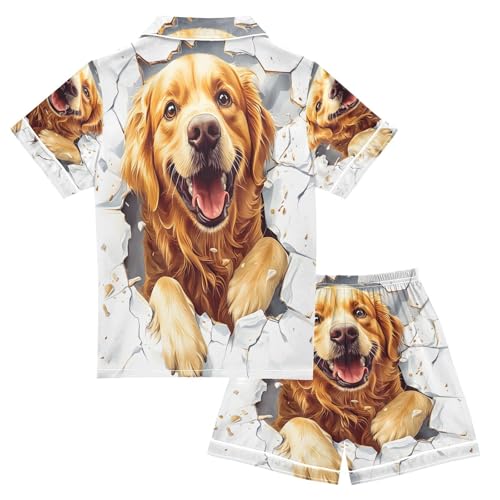 ALAZA Golden Retriever Puppy Dog White Satin Pajamas Set Short Sleeve Button Down Sleepwear Summer Pjs 2 Piece2