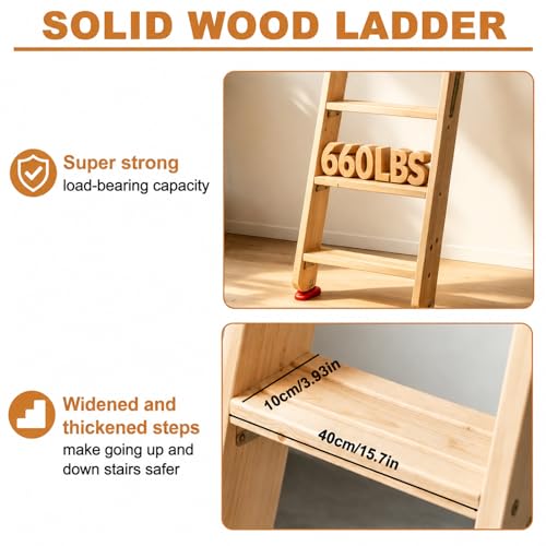 Image of 9.8ft Folding Wooden Loft Ladder, 12 Steps Rolling Library Ladder with Dual Handrails, Industrial Style SolidWood Step Ladder, Portable Loft Attic Ladder, 660LBS, for Attic, Warehouse, Library