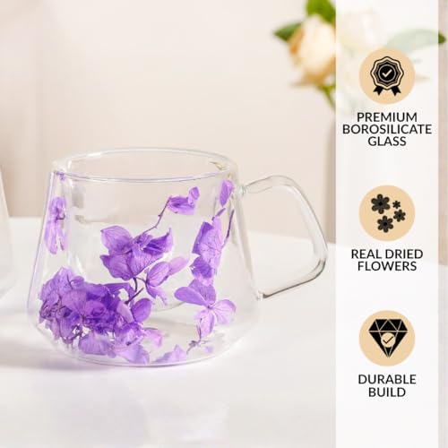 Image of Nestasia Double Wall Glass Mug with Dried Flowers Set of 2 (180ml Each) - Transparent Borosilicate Floral Glass Tea Cups | Lightweight & Durable Coffee Mugs - Perfect for Gifting (Purple)