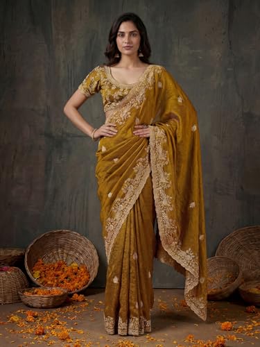 Image of SIRIL Women's Tissue Silk Scalloped Border Embroidery Saree with Unstitched Blouse Piece