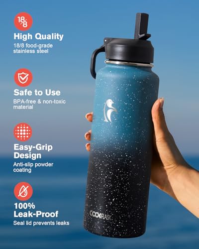 Image of Coolflask 40 oz Water Bottle Insulated with Straw & 3 Leakproof Lids