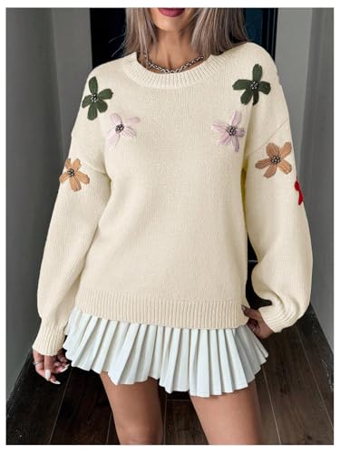 GORGLITTER Women's Flower Embroidered Sweater Floral Lantern Sleeve Crewneck Knit Cute Sweaters Pullover3