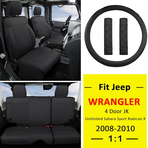 Image of GIANT PANDA Jeep Wrangler 4 Door JK 2008-2010, Full Set Seat Covers for Unlimited Sahara Sport Rubicon X Customized Faux Leather - (Black)