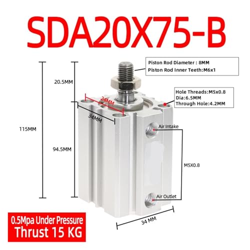 Cilindro serie SDA-B compacto de 20mm con rosca externa y carrera de 75mm 3
