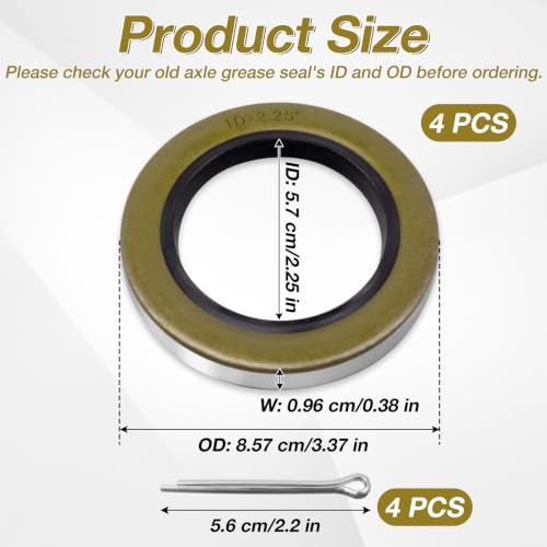 Image of 4 Pack Wheel Grease Seal 2.25 inch x 3.376 inch for 5200-7000 lb Trailer Axles | Replaces 010-036-00 /22333TB, fits D42 spindle, E-Z Lube axles, steel and rubber, includes 4 cotter pins, double lip seals