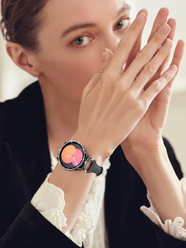 Watbro Genuine Leather Band with Case Compatible with Samsung Galaxy Watch 4 & 5& 6 40mm 44mm with Glitter Screen Protector Case,Metal 20mm Leather Watch strap for Women