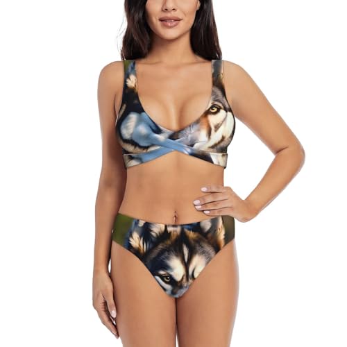 Bikini 2 pièces imprimé husky femme maillot de bain sculptant taille haute