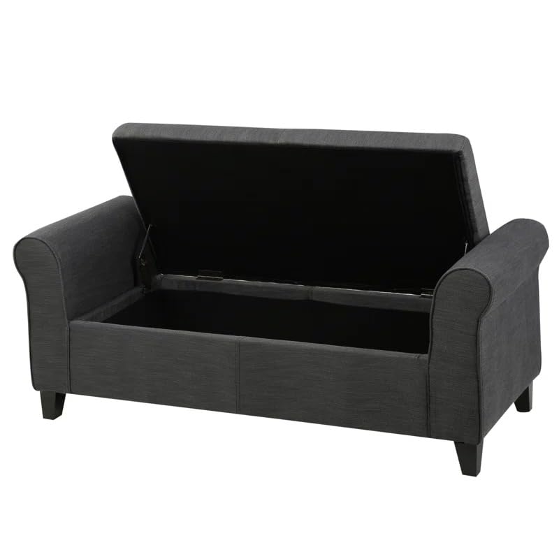 Image of 2 Seater Storage Ottoman Bench with Rolled Arms | Upholstered Fabric Sofa Bench with Hidden Storage | Bedroom Living Room Entryway Seating | Modern Lounge Bench Footrest End of Bed Seat | Grey