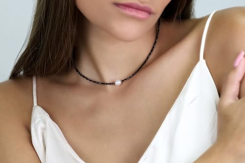 Collier de perles noires spinelle 2mm et perle d'eau douce en or pour mariage - 2
